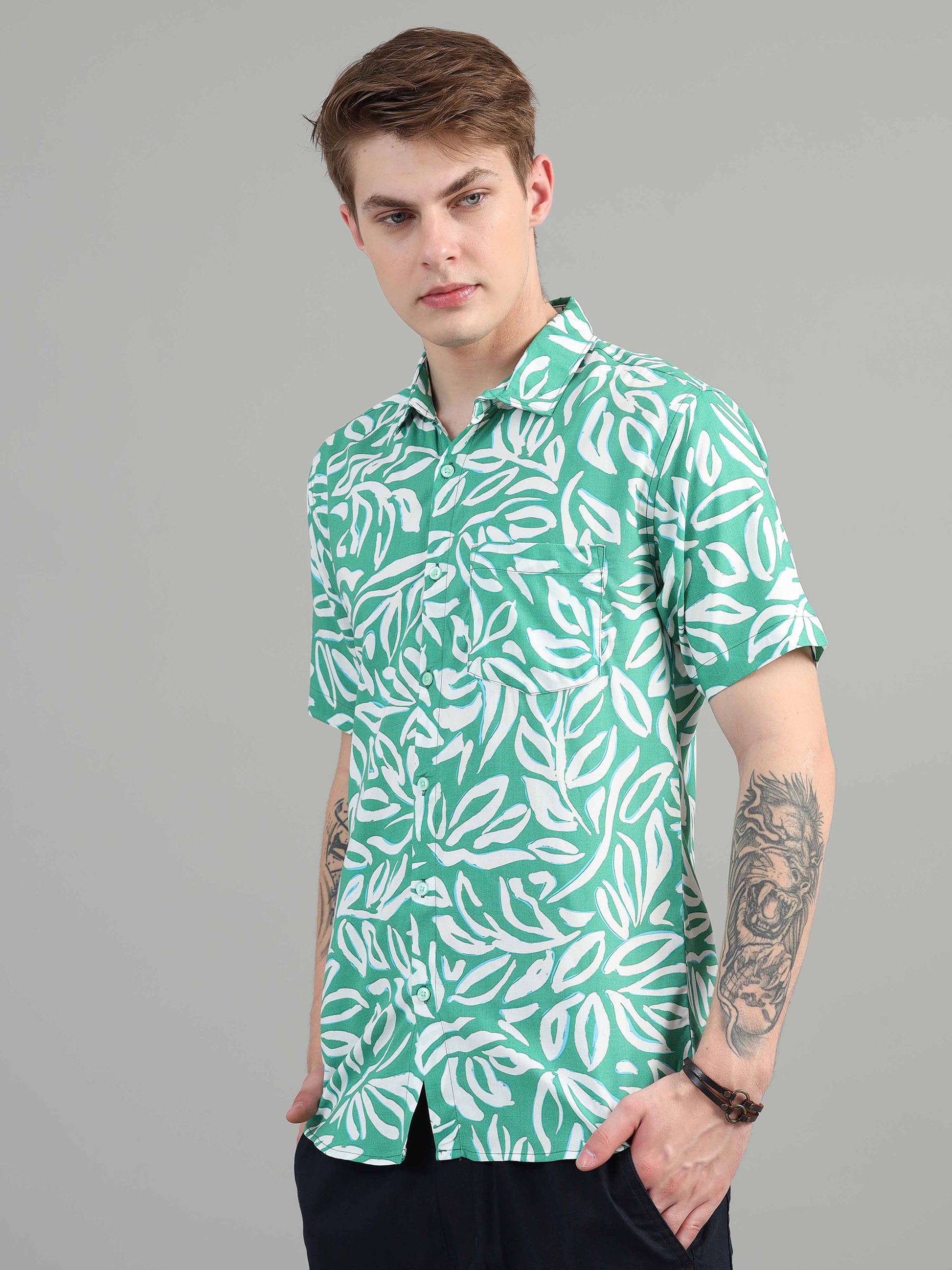 Sea Green Leaf Printed rayon material shirt for men