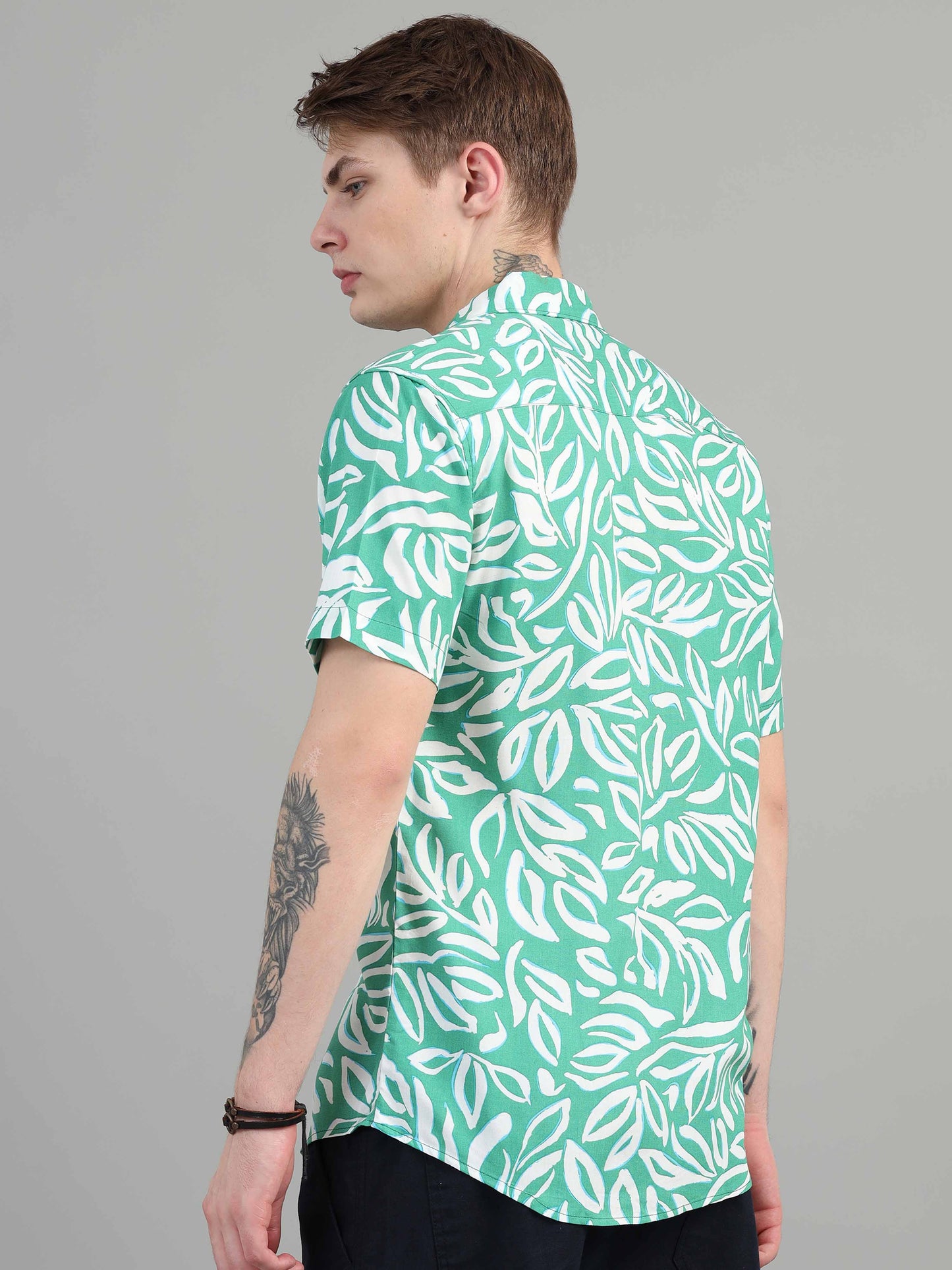 Sea Green Leaf Printed rayon material shirt for men