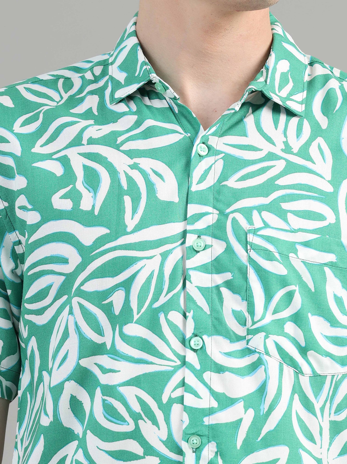 Sea Green Leaf Printed rayon material shirt for men