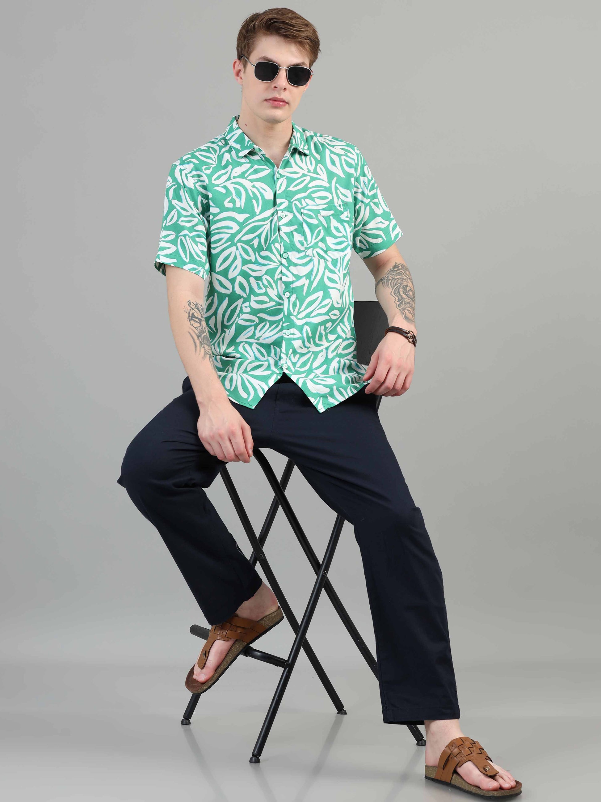 Sea Green Leaf Printed rayon material shirt for men