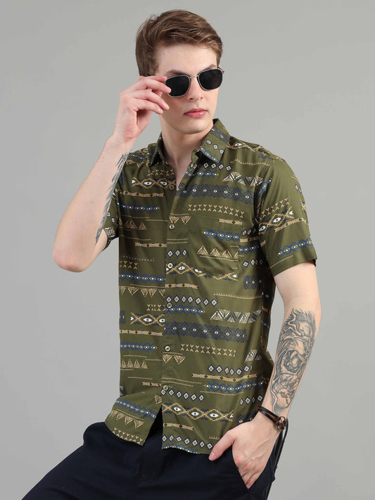 Traditional olive green printed shirt for men