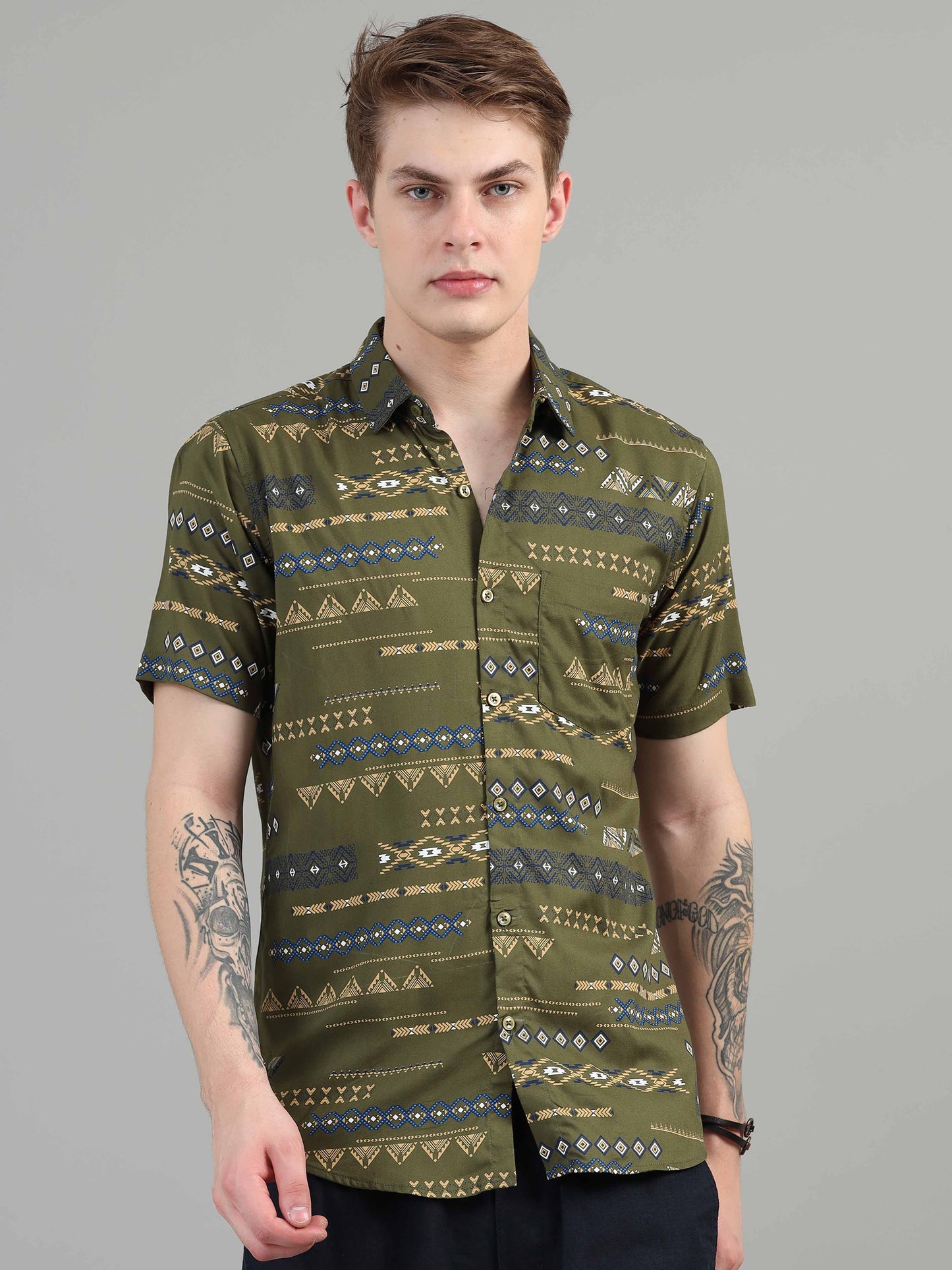 Traditional olive green printed shirt for men