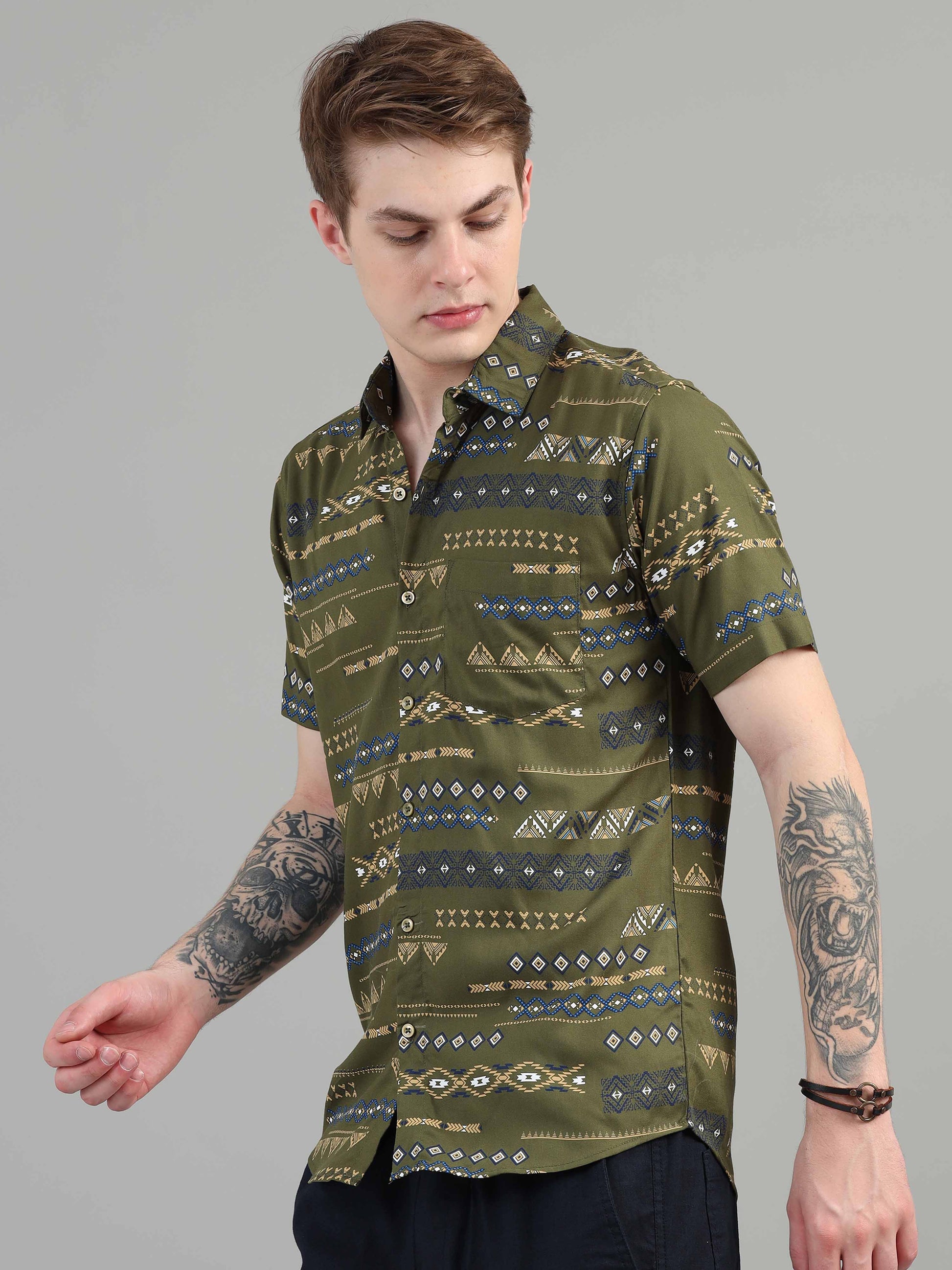 Traditional olive green printed shirt for men