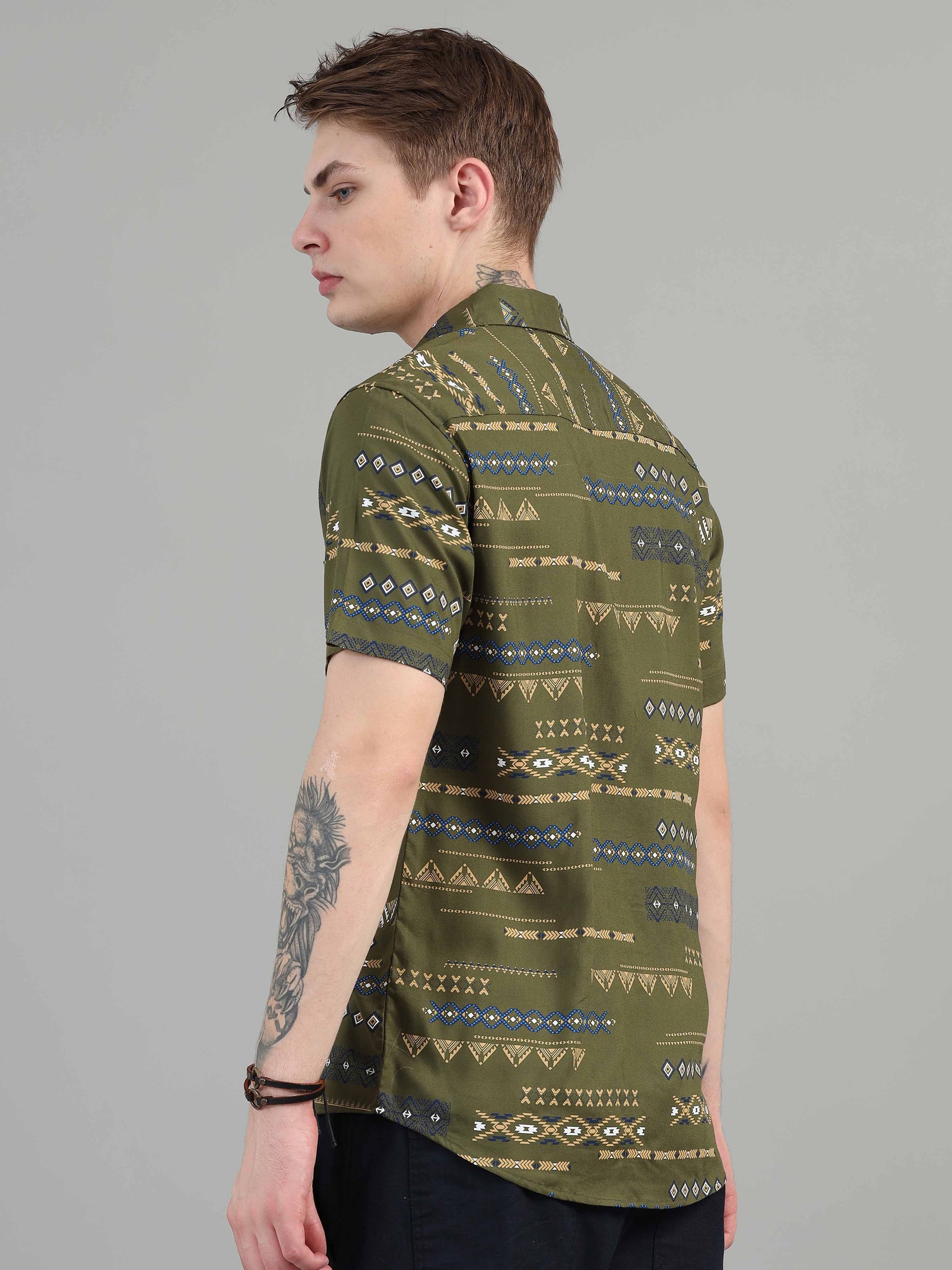 Traditional olive green printed shirt for men