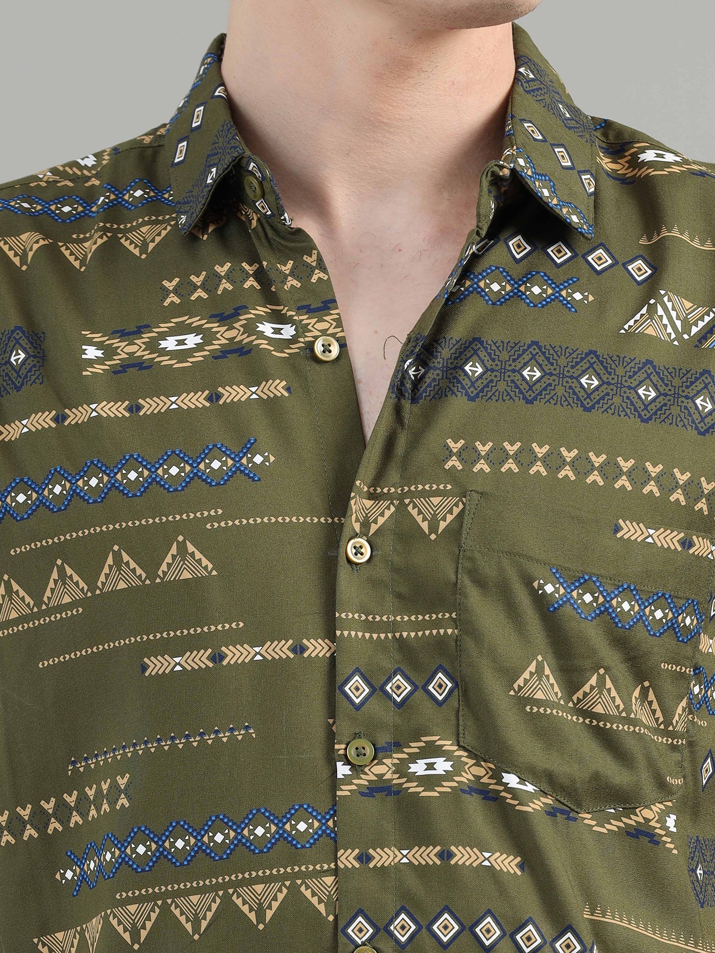 Traditional olive green printed shirt for men