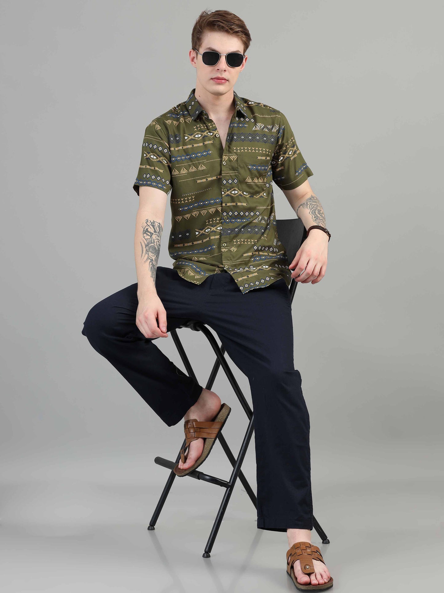 Traditional olive green printed shirt for men