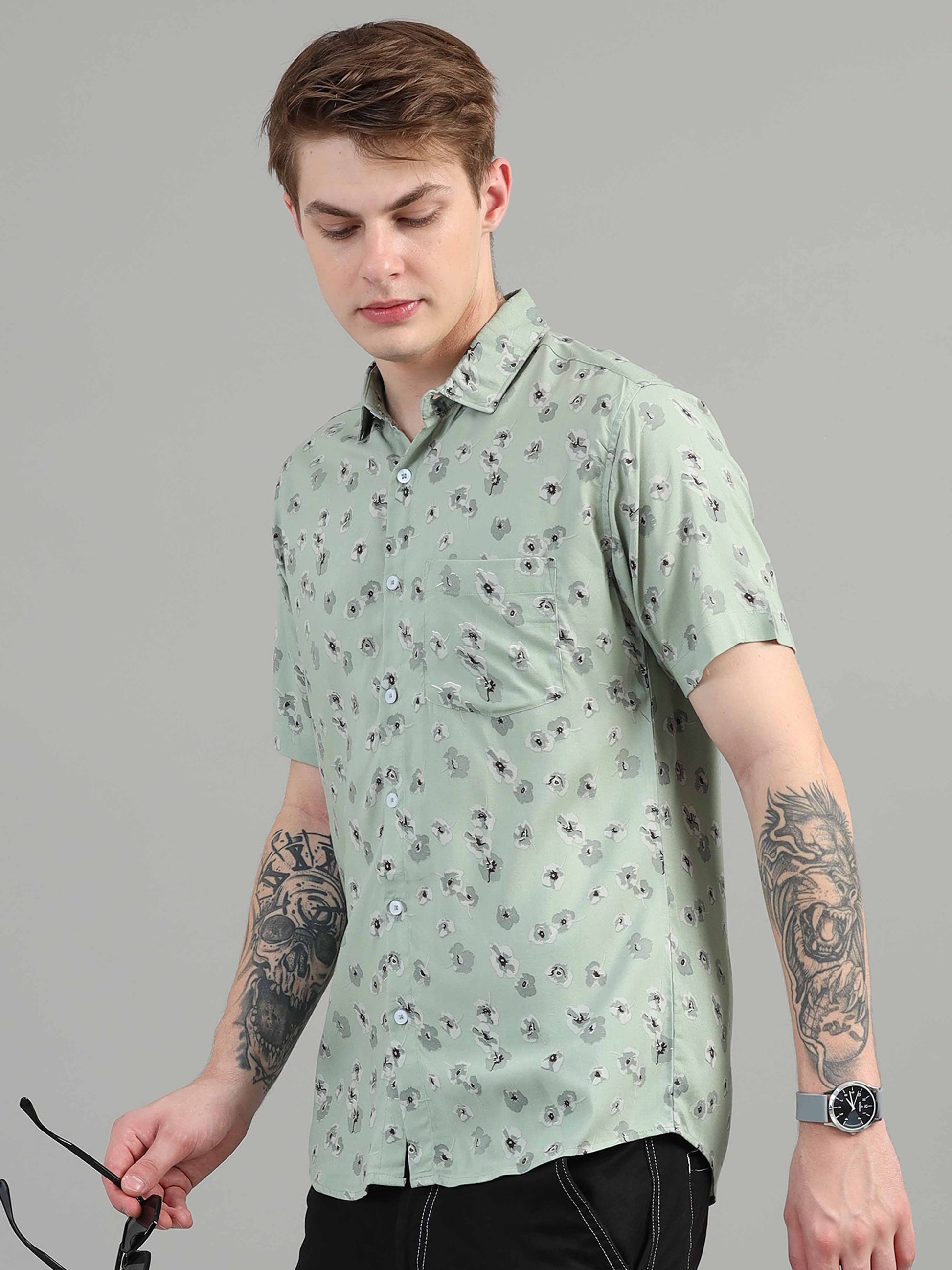 Pista Green Floral Printed rayon fabric shirt for men