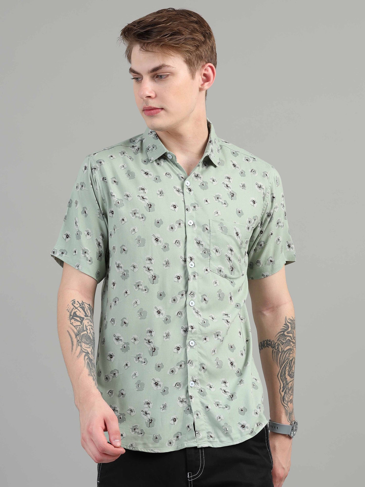 Pista Green Floral Printed rayon fabric shirt for men