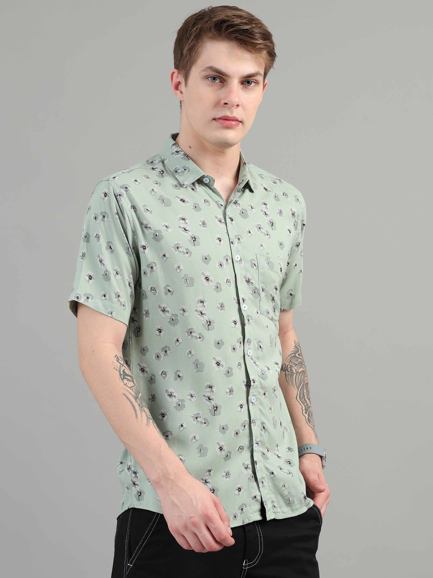 Pista Green Floral Printed rayon fabric shirt for men