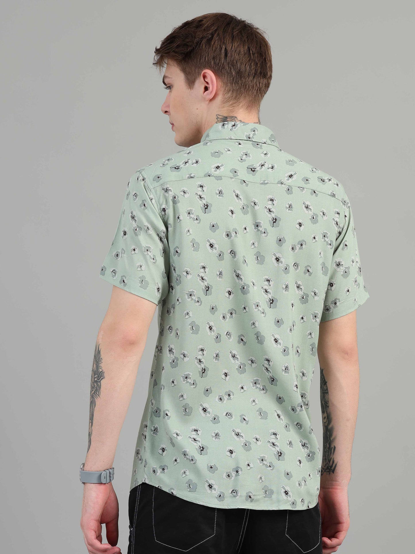 Pista Green Floral Printed rayon fabric shirt for men