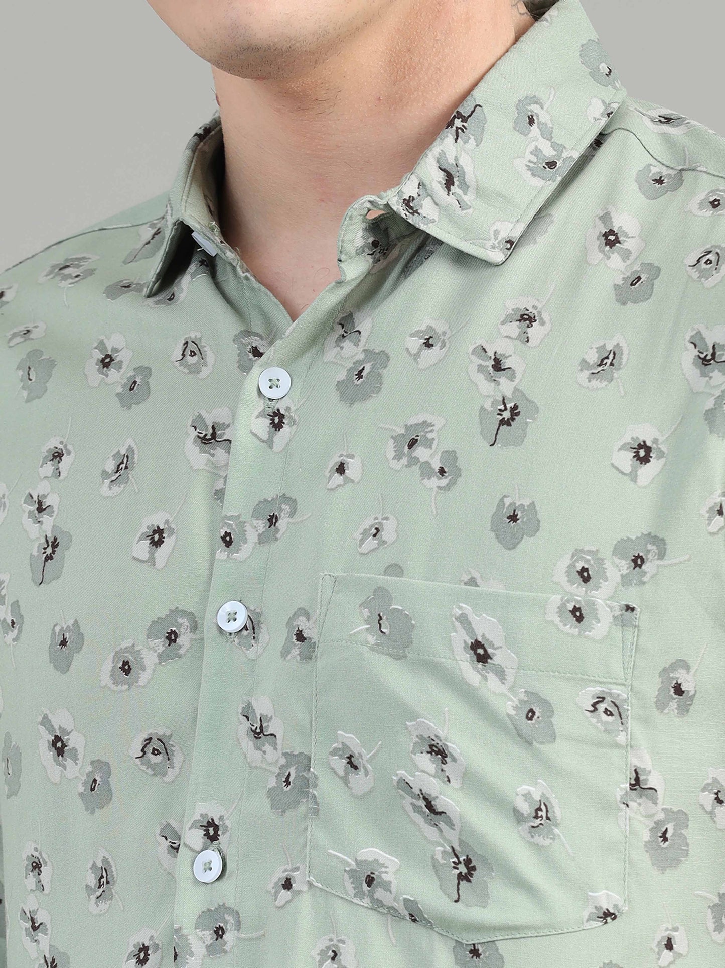 Pista Green Floral Printed rayon fabric shirt for men