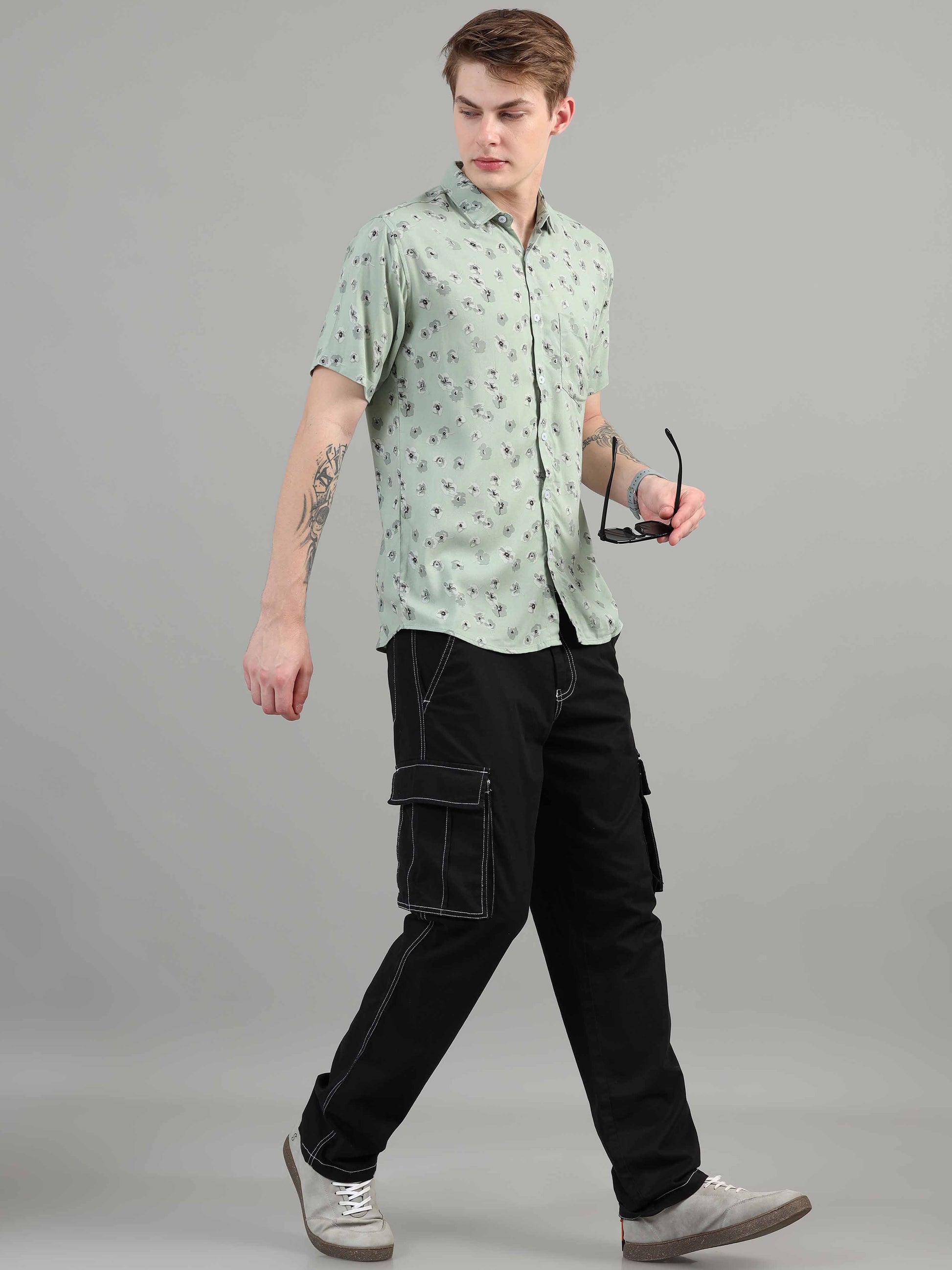 Pista Green Floral Printed rayon fabric shirt for men