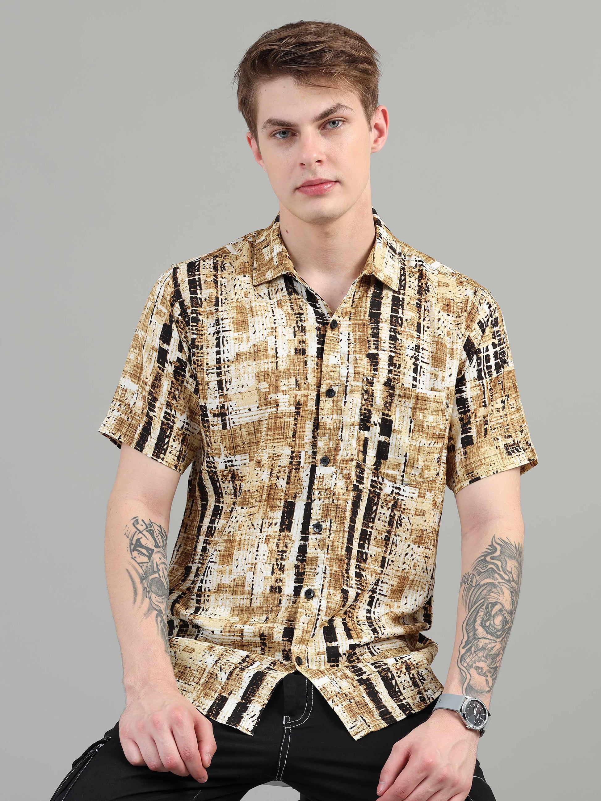 Mustard Hatched line shirt for men