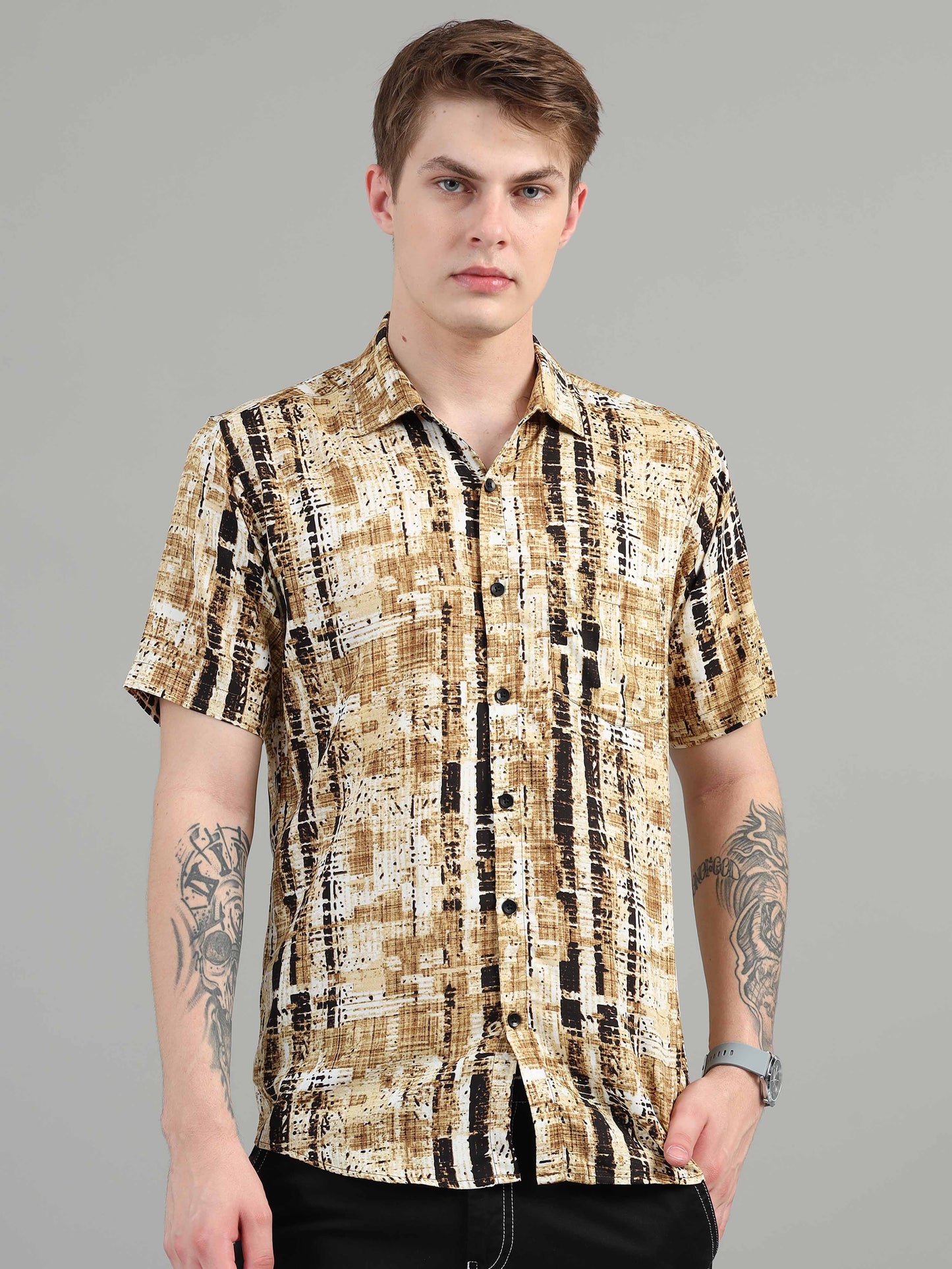 Mustard Hatched line shirt for men