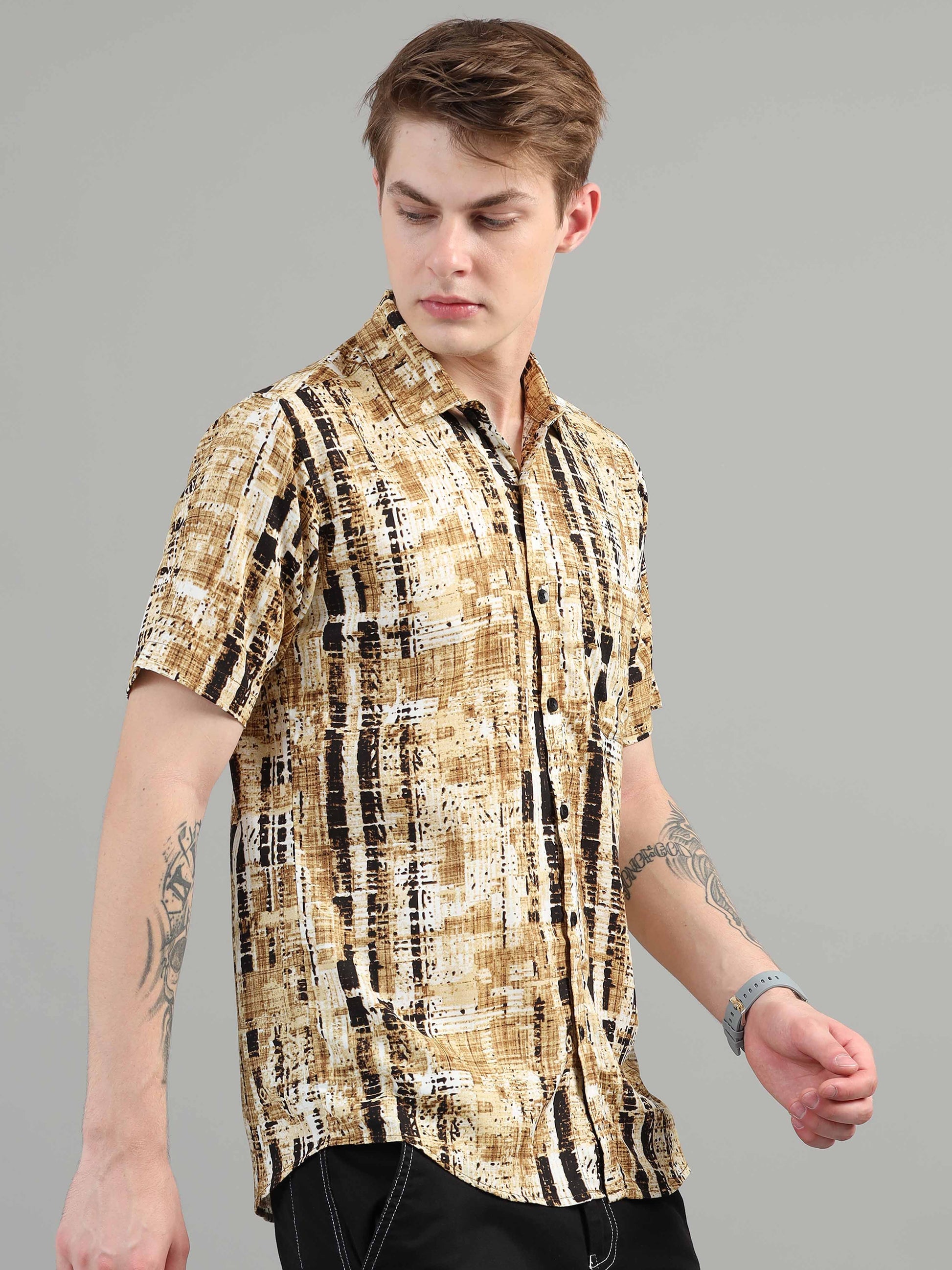 Mustard Hatched line shirt for men