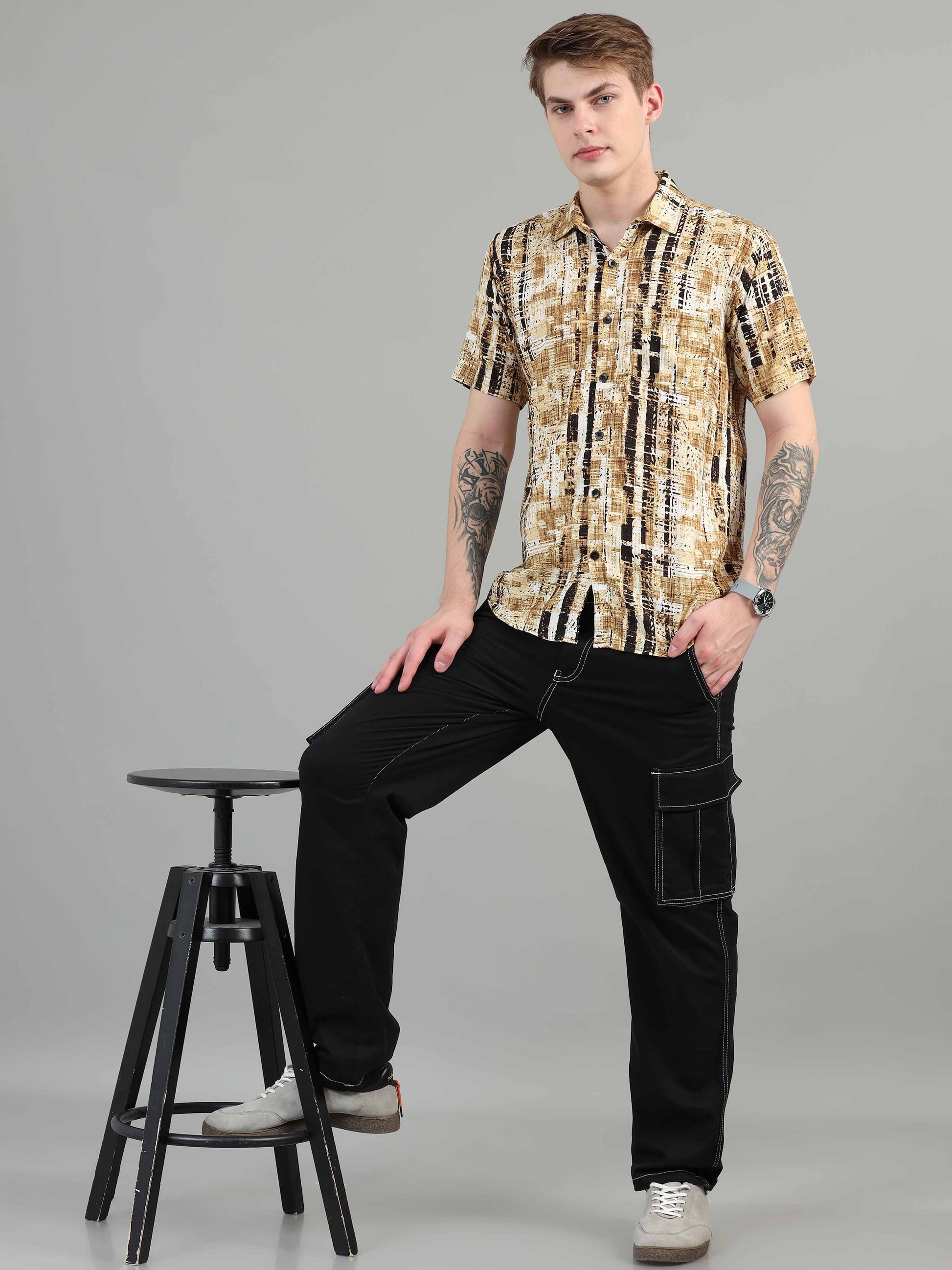 Mustard Hatched line shirt for men