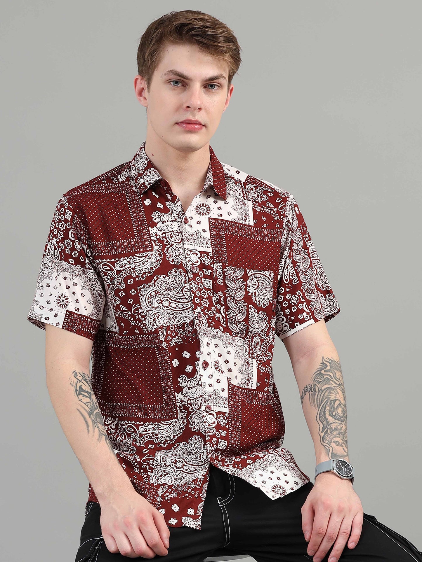 Brick Box Pattern half sleeves printed shirt men