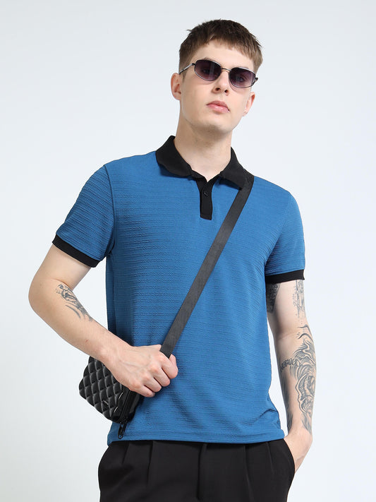 Men’s Contrast-Collar Textured Polo by Black Thread