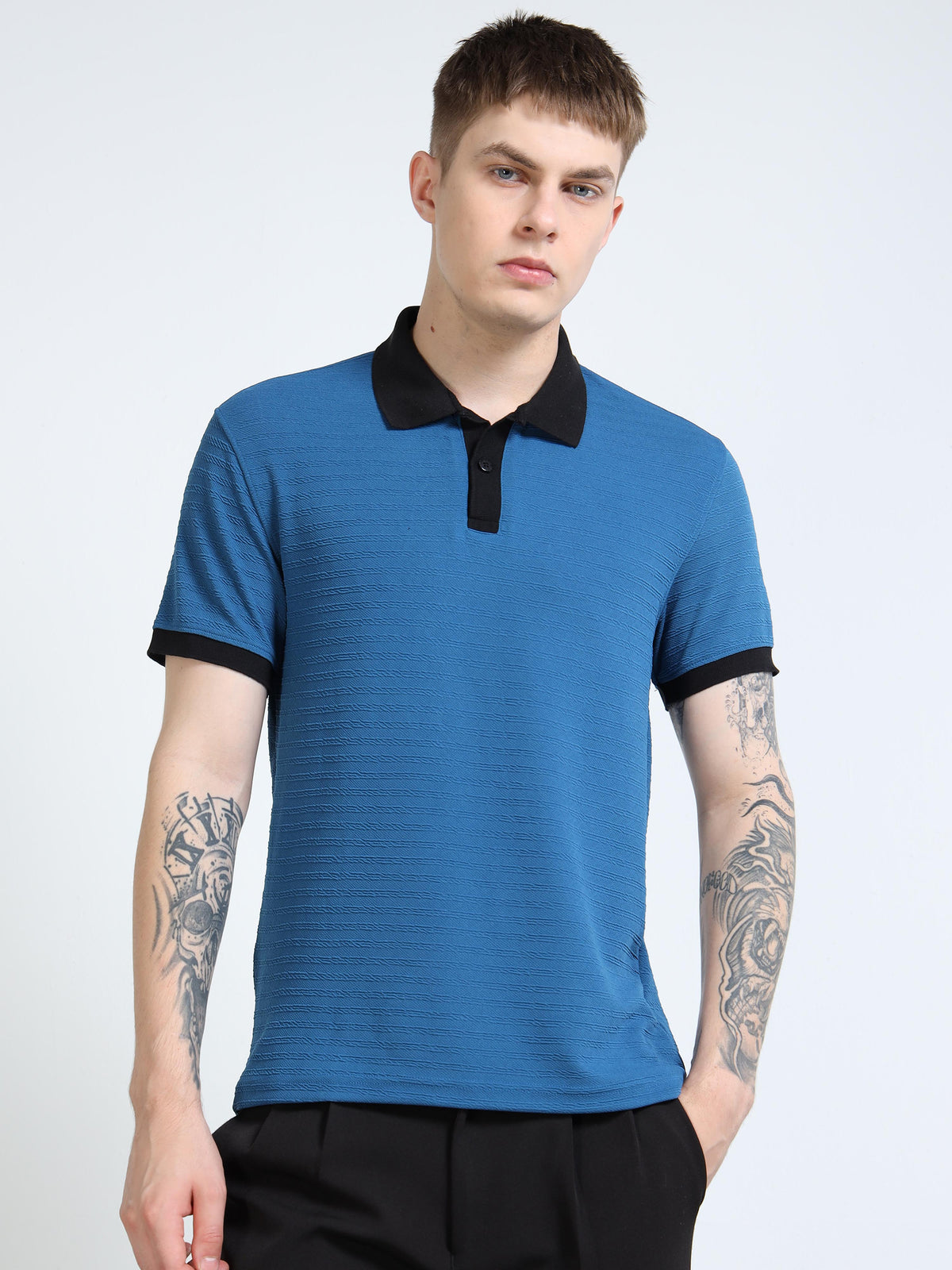 Men’s Contrast-Collar Textured Polo by Black Thread