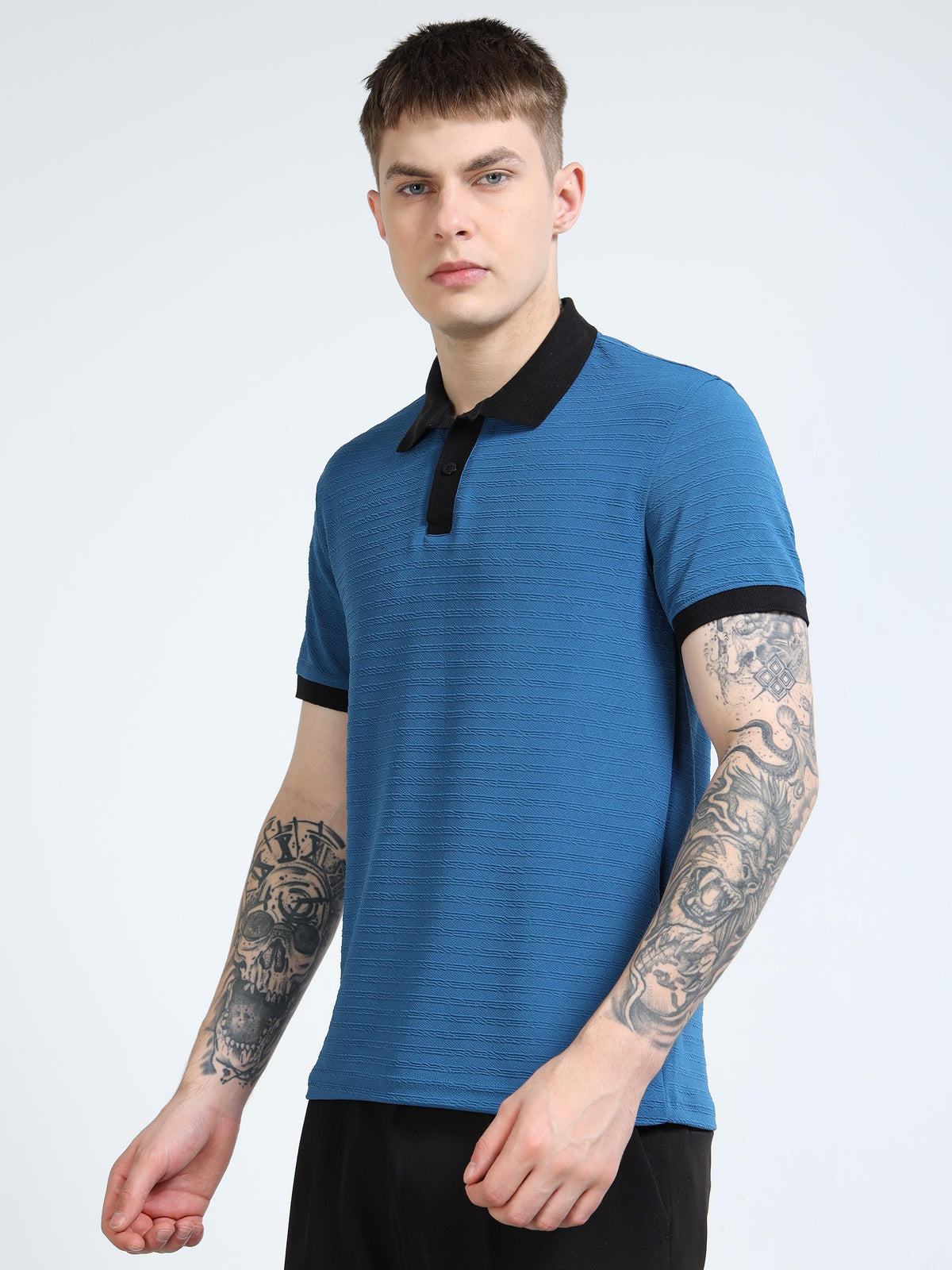 Men’s Contrast-Collar Textured Polo by Black Thread