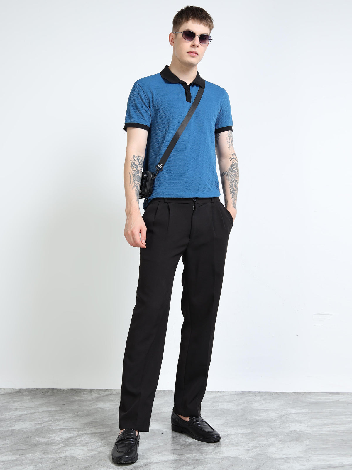 Men’s Contrast-Collar Textured Polo by Black Thread