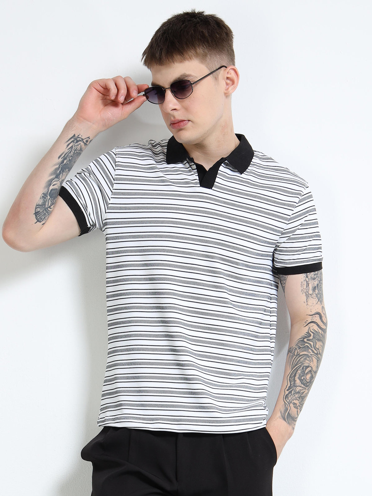 Men’s Contrast-Collar Stripe Polo by Black Thread