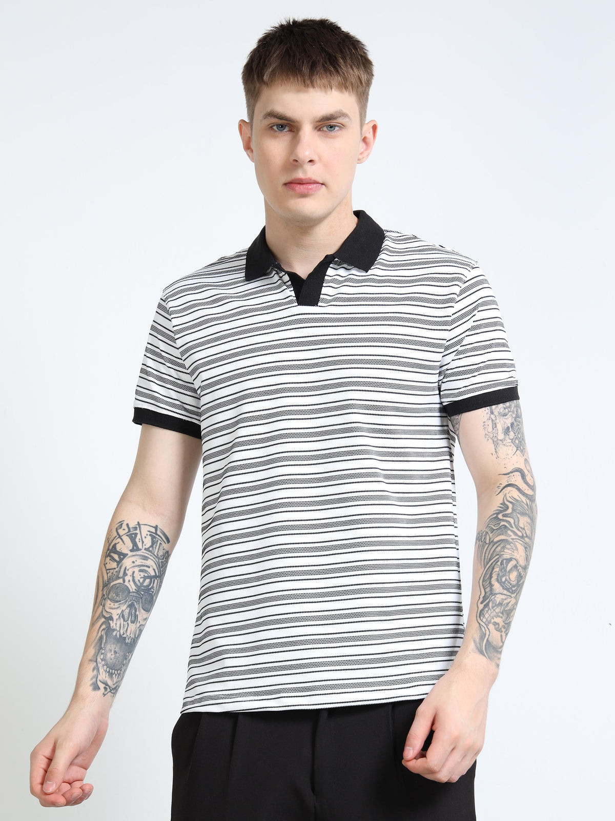 Men’s Contrast-Collar Stripe Polo by Black Thread