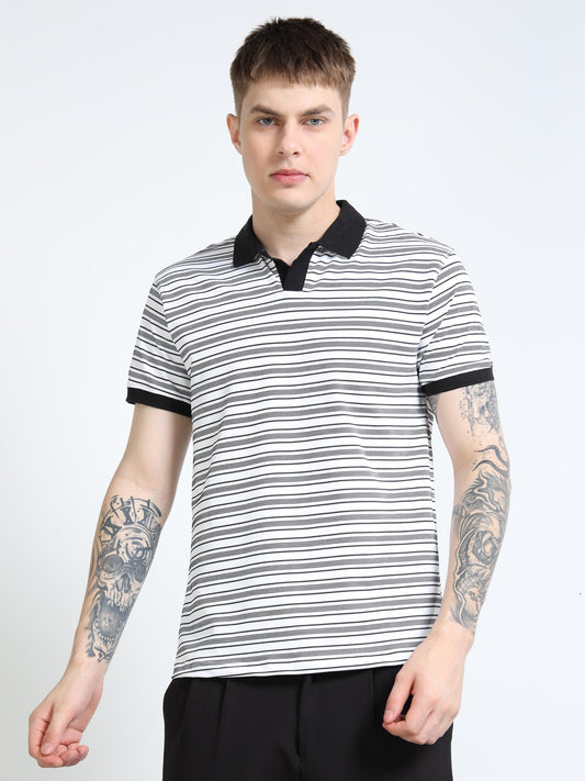 Men’s Contrast-Collar Stripe Polo by Black Thread
