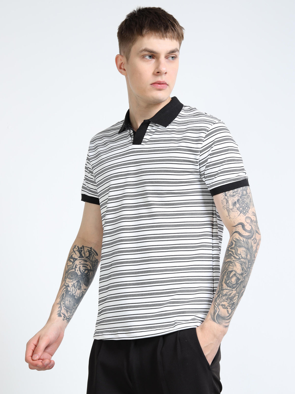 Men’s Contrast-Collar Stripe Polo by Black Thread