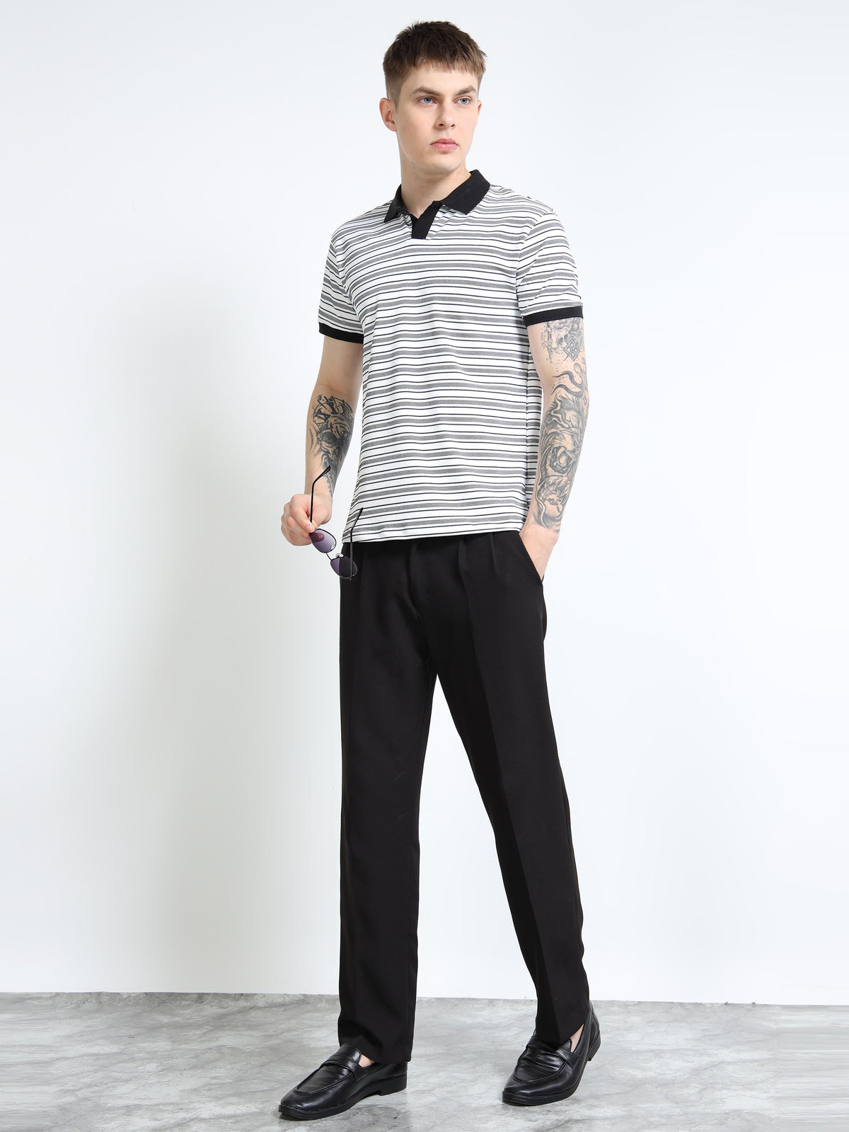 Men’s Contrast-Collar Stripe Polo by Black Thread