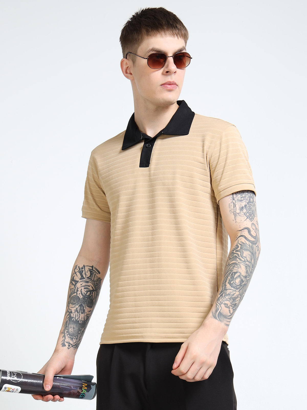 Men’s Contrast-Collar Textured Rib Polo by Black Thread