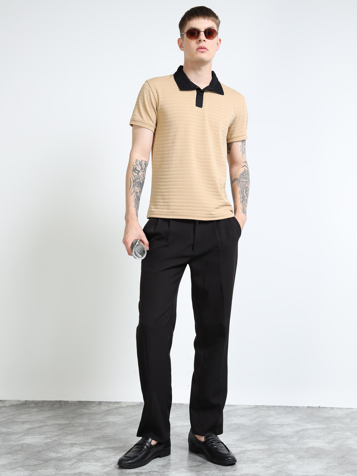 Men’s Contrast-Collar Textured Rib Polo by Black Thread