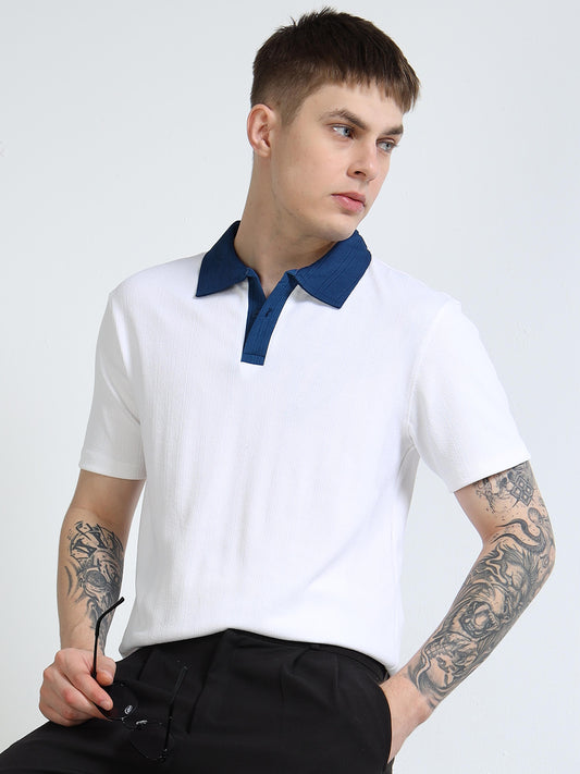 Men’s Contrast-Collar Textured Polo by Black Thread