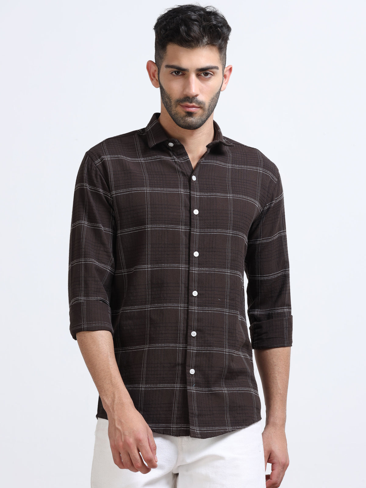 Dark Brown Men's Cotton Embroidered Checked Casual Shirt - Premium Comfort Fit