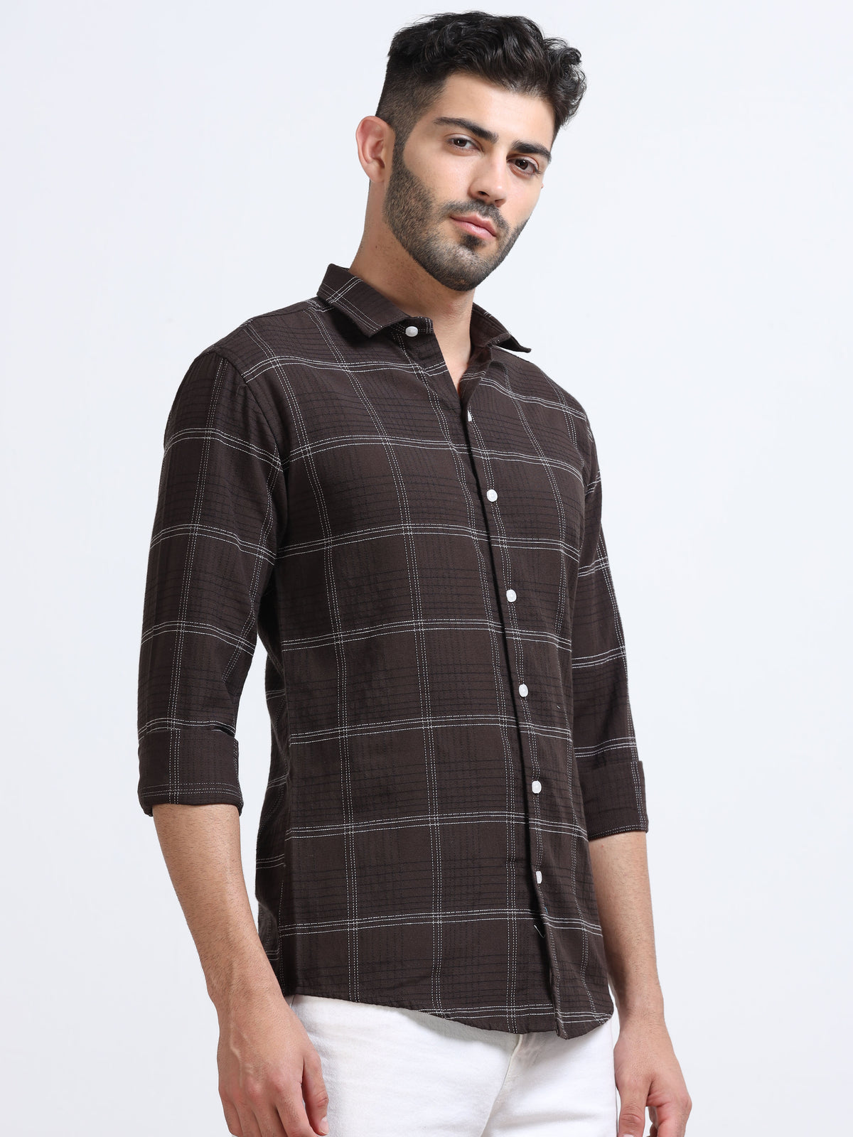 Dark Brown Men's Cotton Embroidered Checked Casual Shirt - Premium Comfort Fit
