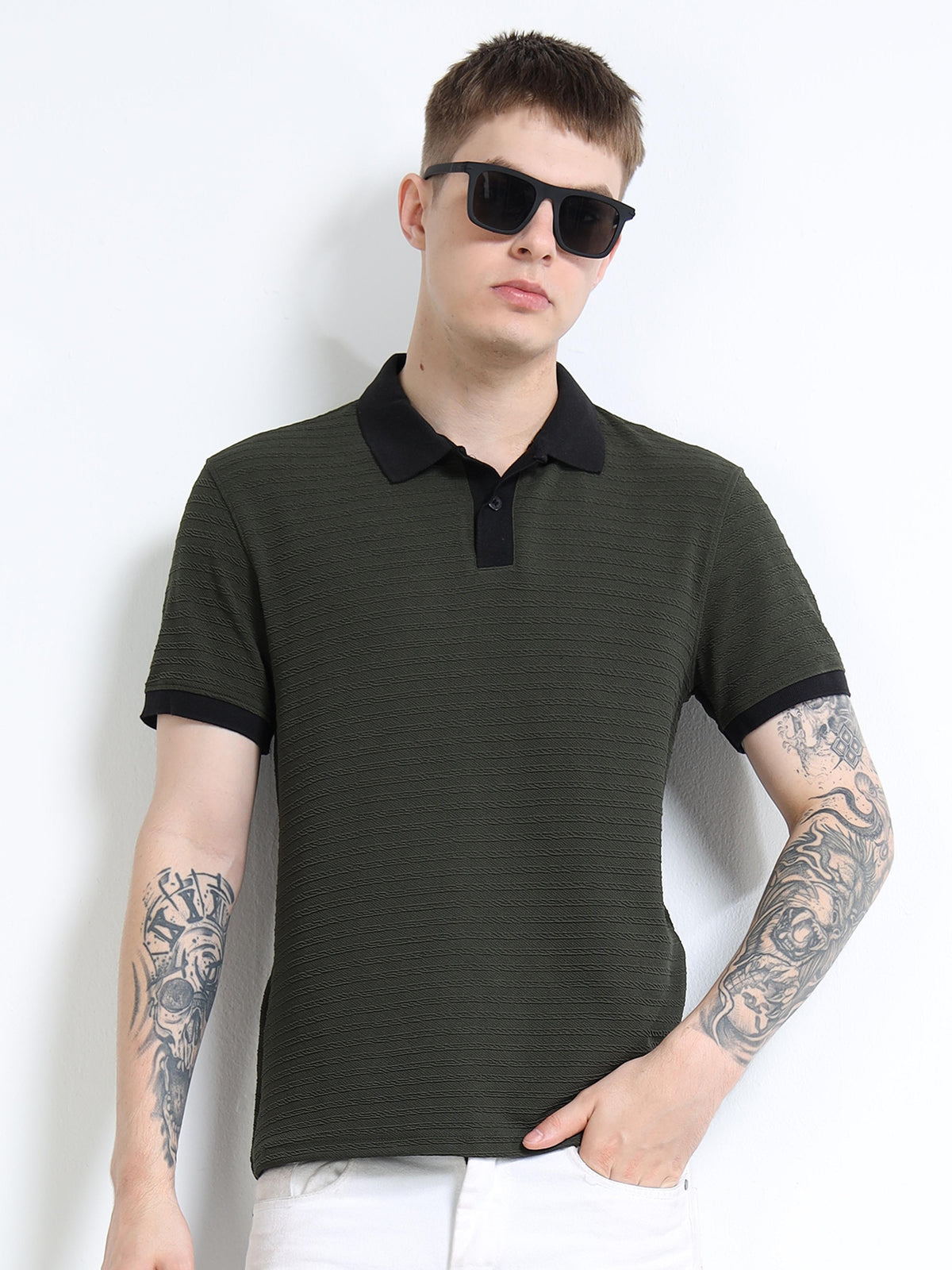 Men’s Olive/Black Contrast-Collar Textured Polo by Black Thread