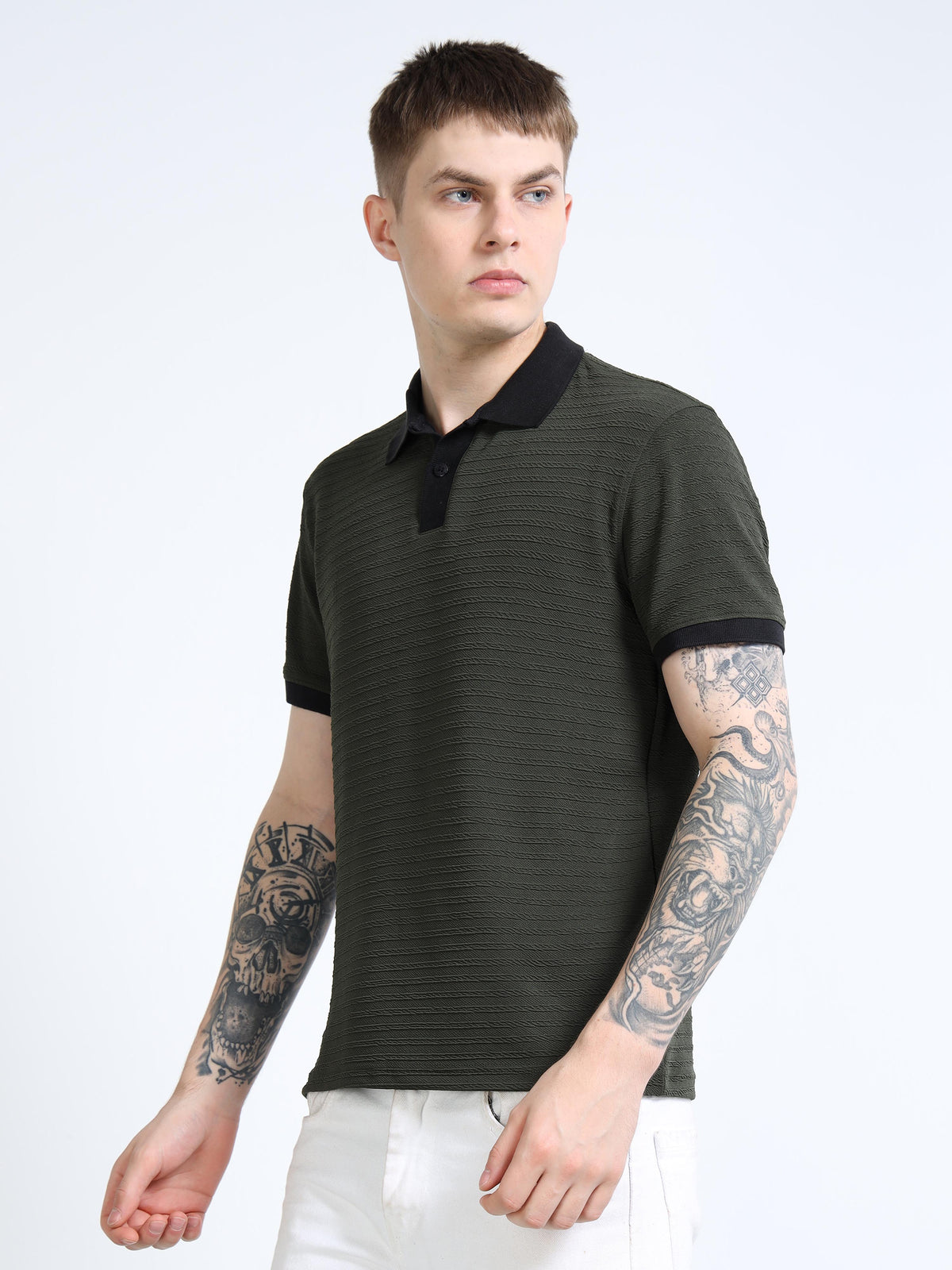 Men’s Olive/Black Contrast-Collar Textured Polo by Black Thread