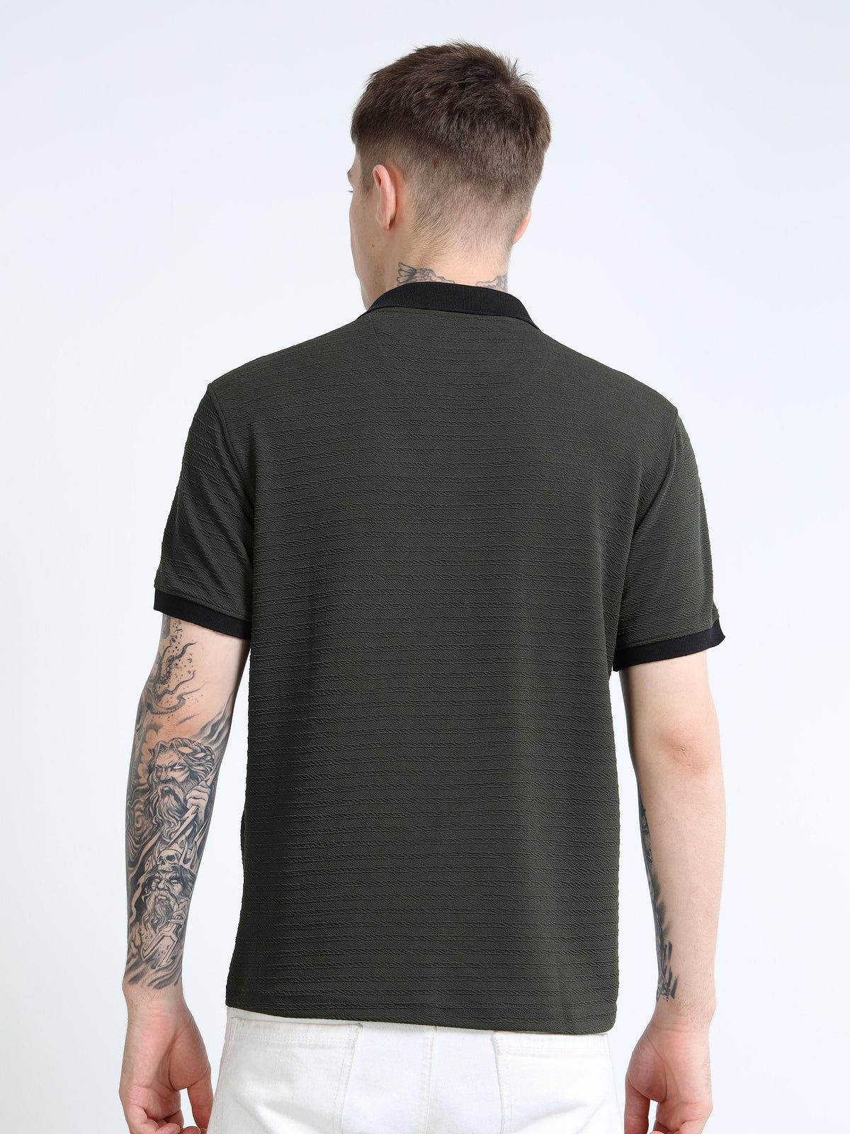 Men’s Olive/Black Contrast-Collar Textured Polo by Black Thread