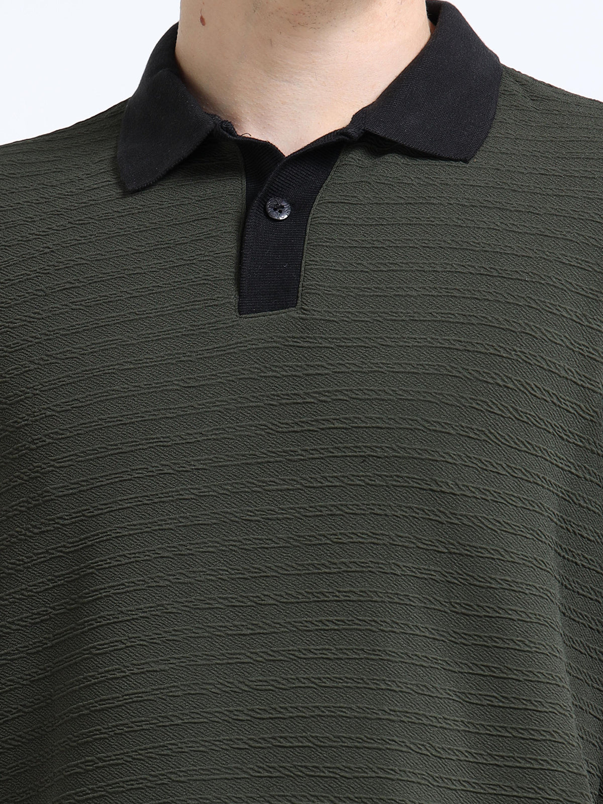 Men’s Olive/Black Contrast-Collar Textured Polo by Black Thread