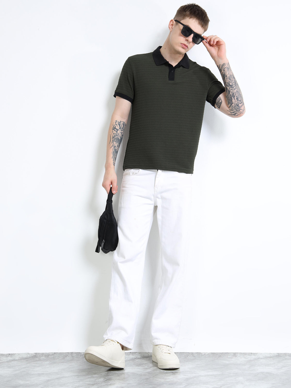 Men’s Olive/Black Contrast-Collar Textured Polo by Black Thread