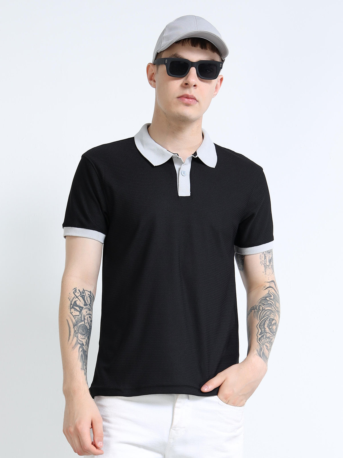 Men’s Contrast-Collar Textured Polo by Black Thread