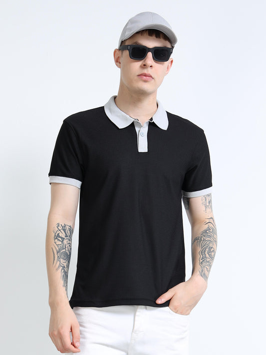 Men’s Contrast-Collar Textured Polo by Black Thread