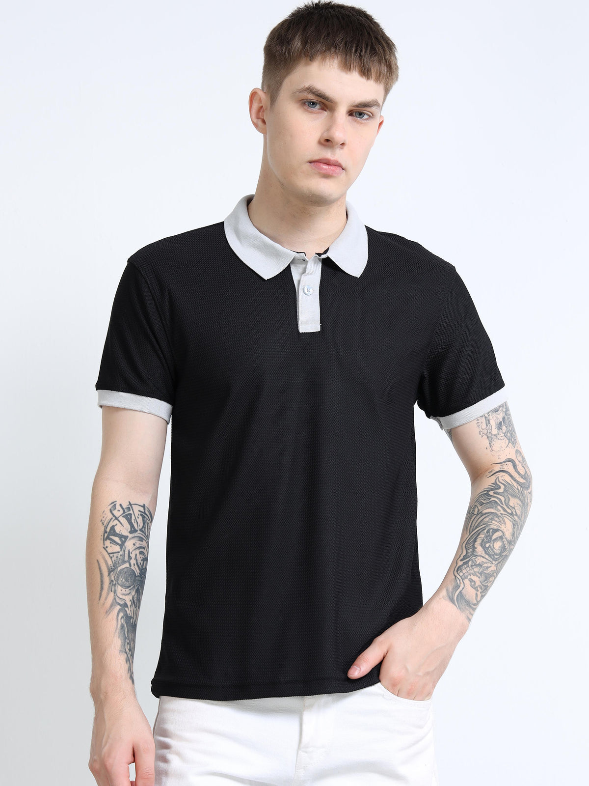 Men’s Contrast-Collar Textured Polo by Black Thread