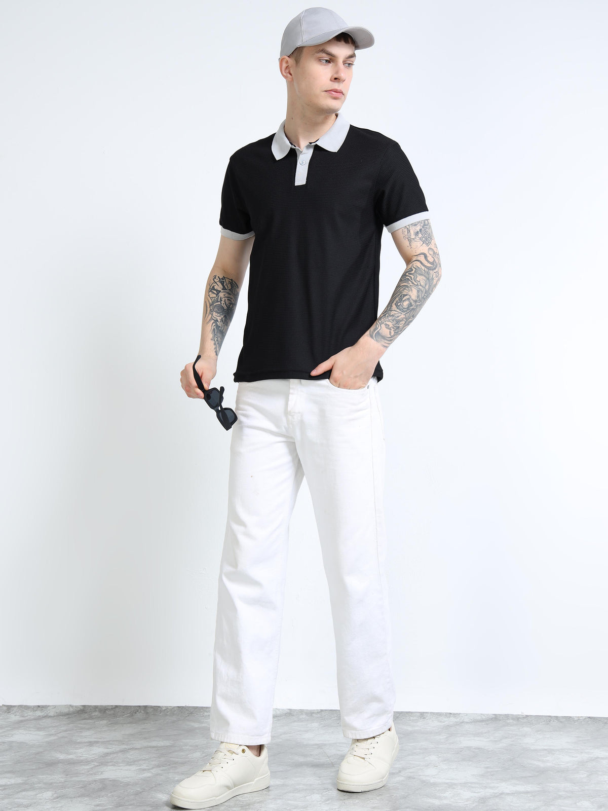 Men’s Contrast-Collar Textured Polo by Black Thread