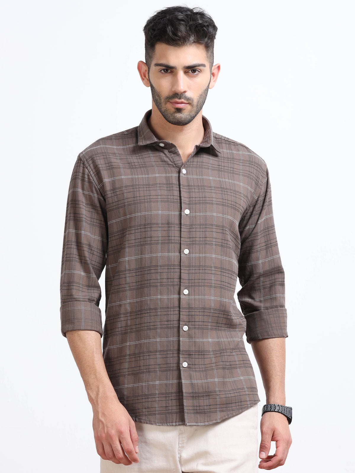 Brown Men's Cotton Embroidered Checked Casual Shirt - Premium Comfort Fit