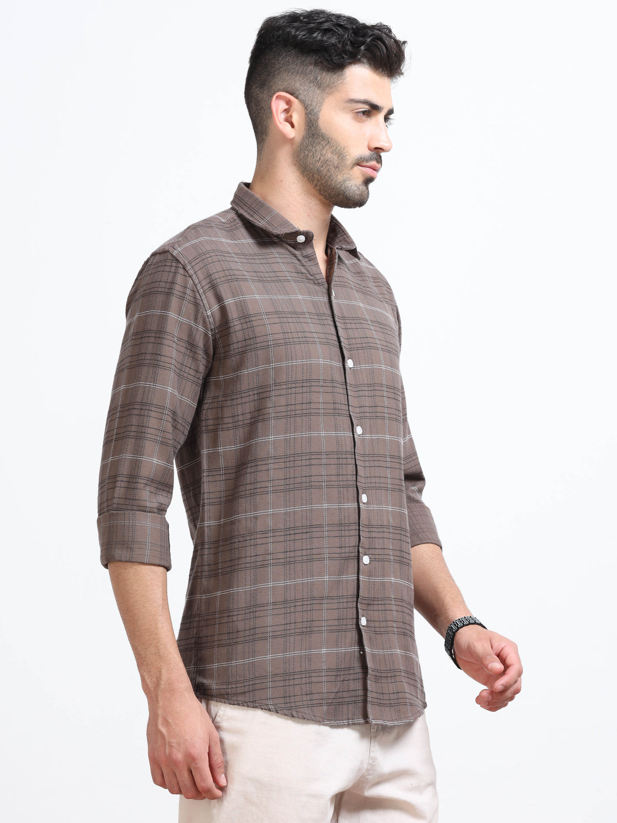 Brown Men's Cotton Embroidered Checked Casual Shirt - Premium Comfort Fit