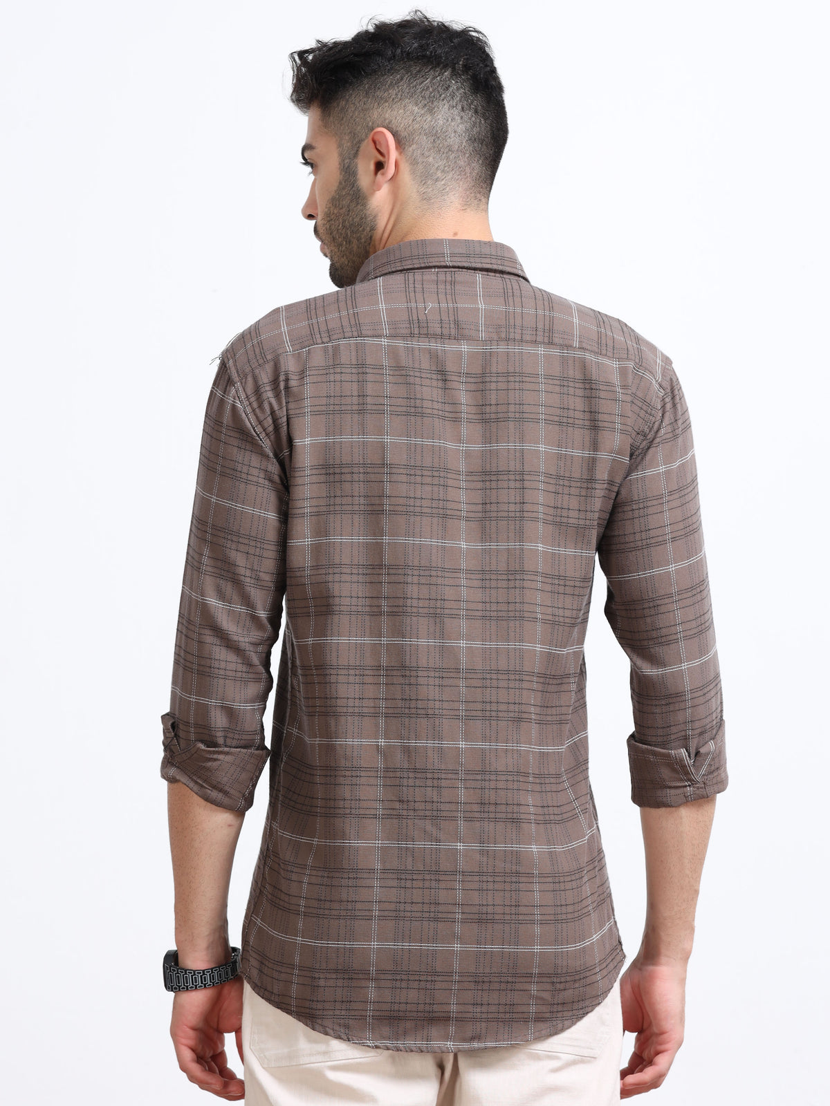 Brown Men's Cotton Embroidered Checked Casual Shirt - Premium Comfort Fit