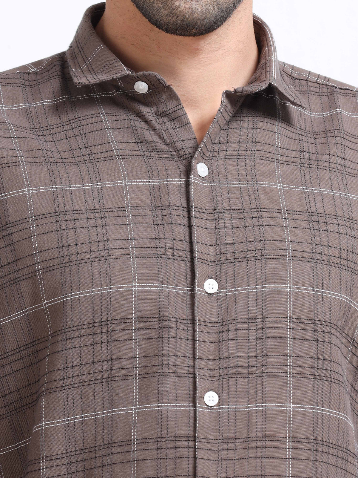 Brown Men's Cotton Embroidered Checked Casual Shirt - Premium Comfort Fit
