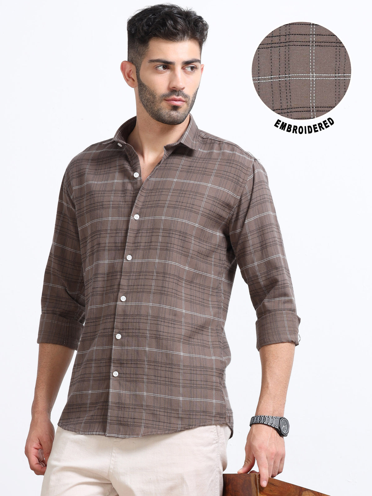 Brown Men's Cotton Embroidered Checked Casual Shirt - Premium Comfort Fit