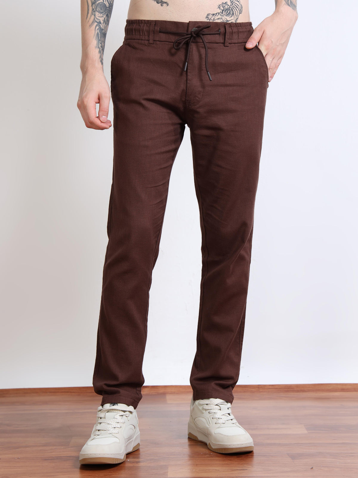 Men’s Brown Drawstring Linen Trousers Black Thread
